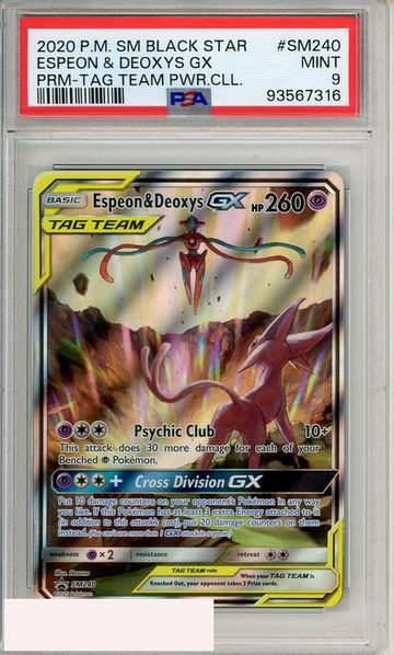 2020 POKEMON SM BSP ESPEON DEOXYS GX #SM240 PRM-TAG TEAM PWR CLL PSA 9 MINT