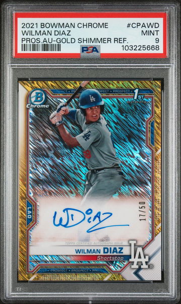 2021 Bowman Chrome Prospect Autograph Gold Shimmer Refractor Wilman Diaz #CPAWD /50 PSA 9