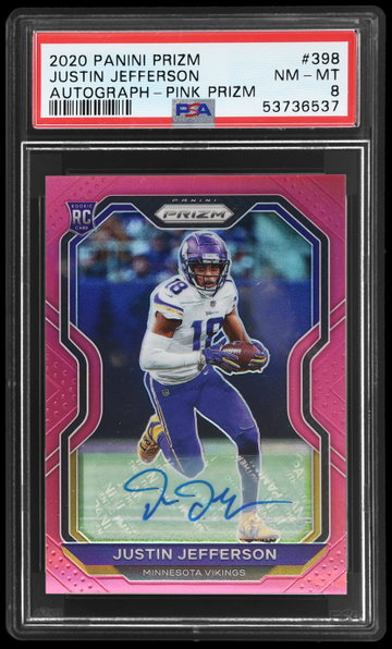 2020 Panini Prizm Justin Jefferson Rookie Autograph Pink Prizm PSA 8 RC
