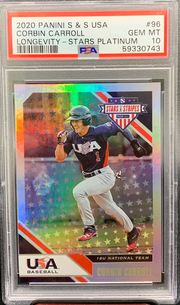2020 Panini Stars & Stripes USA Corbin Carroll Longevity Stars Platinum 06/10 PSA 10 Gem Mint