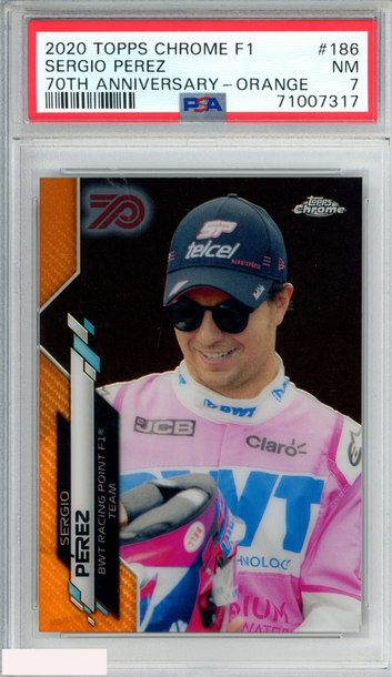 2020 TOPPS CHROME FORMULA 1 SERGIO PEREZ #186 70TH ANNIVERSARY ORANGE PSA 7