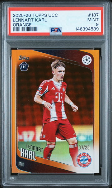 2025-2026 TOPPS UEFA UCC LENNART KARL #/25 ORANGE FOIL #187 RC ROOKIE PSA 9
