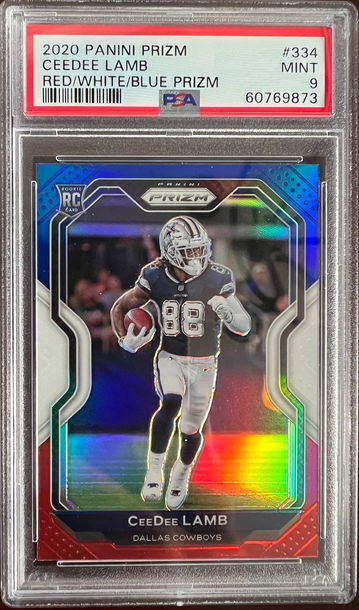 2020 Panini Prizm Ceedee Lamb Red/White/Blue Prizm PSA 9