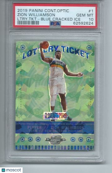 2019 Panini Contenders Optic Lottery Ticket Zion Williamson #1 Ltry. TKT Blue Cracked Ice PSA 10
