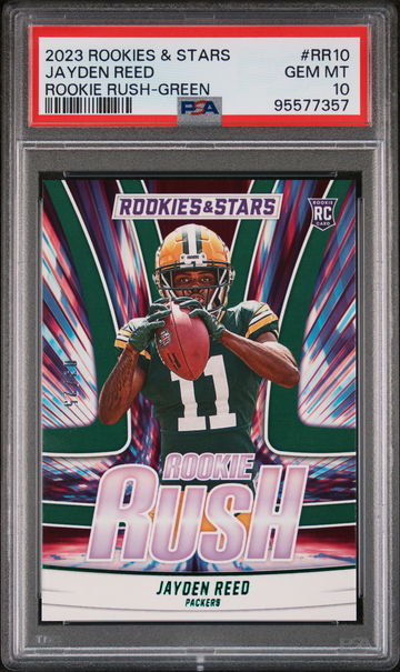 2023 Panini Rookies & Stars Rookie Rush-Green Jayden Reed #RR10 RC PSA 10