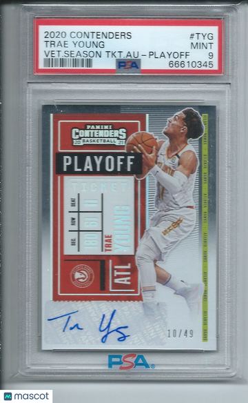 2020 Panini Contenders Veteran Season Ticket Autographs Trae Young #TYG Vet. Season TKT. Au Playoff PSA 9