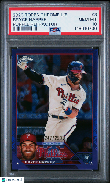 2023 Topps Chrome Logofractor Edition Bryce Harper #3 Purple Refractor 247/250 PSA 10