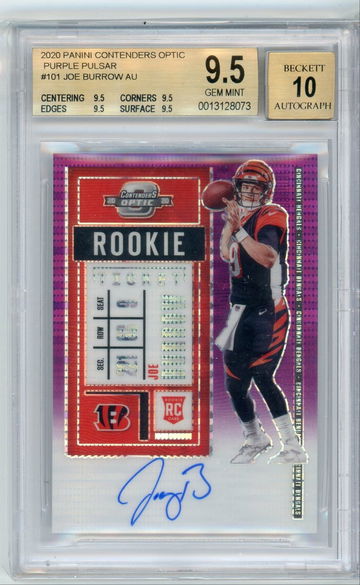 2020 PANINI CONTENDERS OPTIC PURPLE PULSAR #101 JOE BURROW 15/21AUTO BGS 9.5 TRUE GEM MINT POP 1