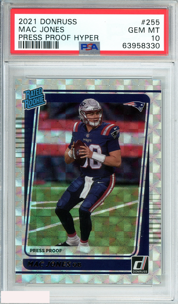 2021 PANINI DONRUSS MAC JONES #255 PRESS PROOF HYPER ROOKIE RC PSA 10 GEM MT