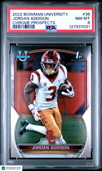 Jordan Addison 2022 Bowman University #36-Chrome Prospects PSA 8