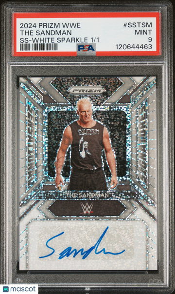 2024 Panini Prizm WWE Sensational Signatures The Sandman #SSTSM SS White Sparkle /1 PSA 9