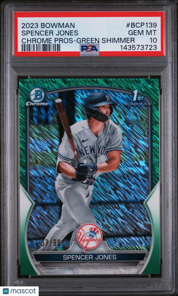 2023 Bowman Chrome Prospects Spencer Jones #BCP139 Green Shimmer /99 PSA 10