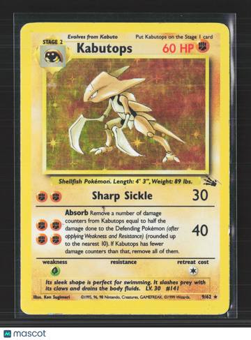 1999 Fossil Kabutops Holo Rare #9/62