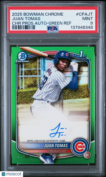2025 Bowman Chrome Prospect Autographs Juan Tomas #CPAJT Green Ref /99 Rookie PSA 9