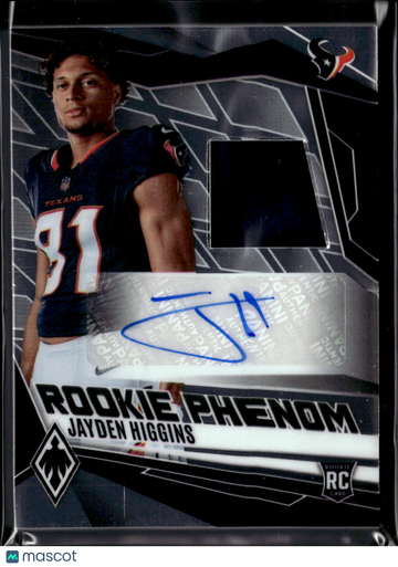 Jayden Higgins 2025 Panini Phoenix Rookie Phenom Rookie Phenom Jersey Patch RC Auto /249 Houston Texans