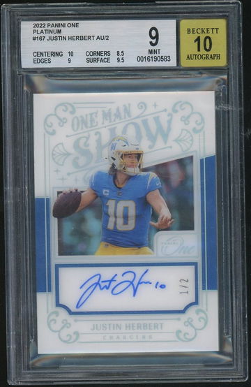2022 Panini One One Man Show Platinum Justin Herbert #167 Auto 1/2 BGS 9 Auto 10