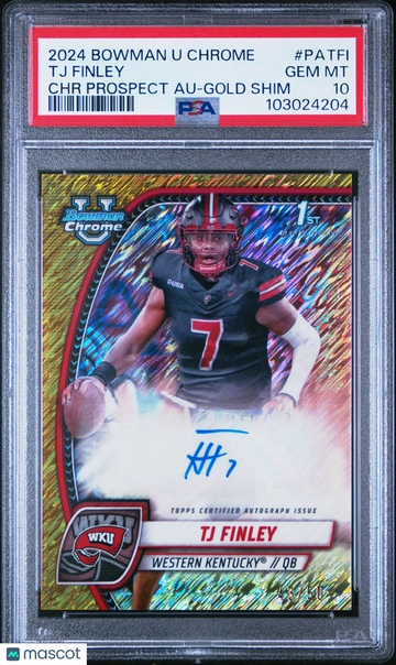 2024 Bowman University Chrome Bowman Chrome Prospect Autographs Tj Finley #PATFI Chr Prospect Au-Gold Shim PSA 10