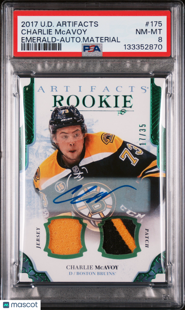 2017-18 Upper Deck Artifacts Charlie Mcavoy #175 Emerald Autograph Material /35 Rookie PSA 8