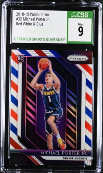 2018-19 Panini Prizm 32 Michael Porter Jr. RC Red White & Blue CSG 9 Mint