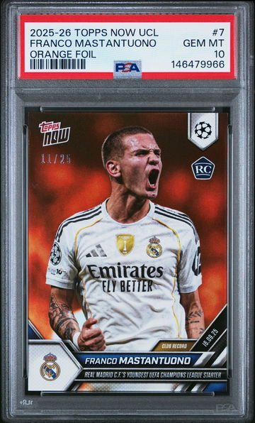 2025-2026 TOPPS NOW UEFA UCC FRANCO MASTANTUONO #/25 ORANGE #7 RC PSA 10