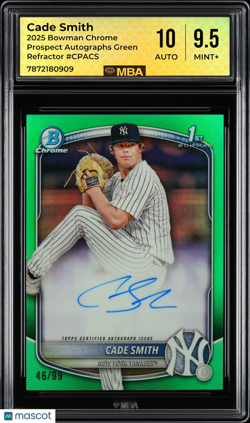 2025 Bowman Chrome Prospect Autographs Cade Smith #CPACS Green Refractor /99 MBA 9.5