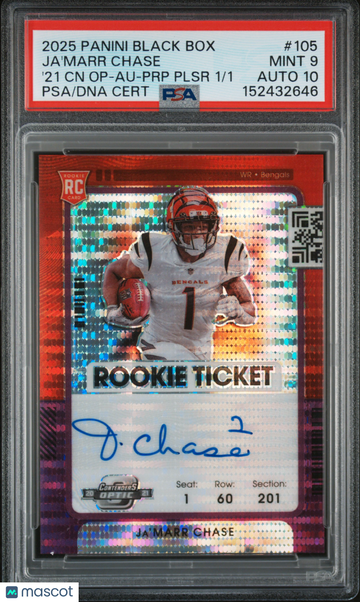 2025 Panini Black Box Ja'marr Chase #105 '21 CN Op Au PRP Plsr /1 PSA 9 Auto 10