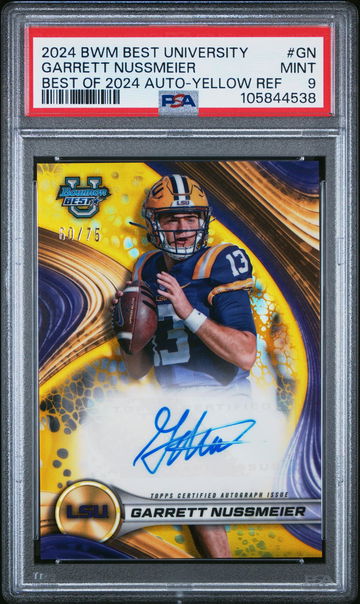 2024 Bowman Best University Best of 2024 Autographs Best of 2024 Auto-Yellow Ref Garrett Nussmeier #GN /75 PSA 9