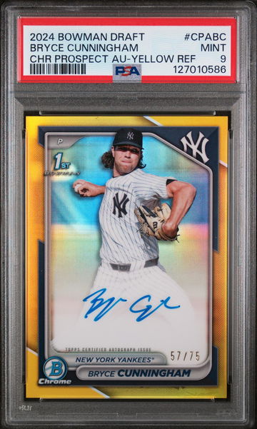 2024 Bowman Draft Chrome Prospect Autographs Yellow Refractor Bruce Cunningham #CPABC /75 PSA 9