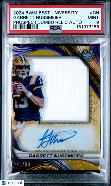 2024 Bowman Best University Prospect Jumbo Relic Autographs Garrett Nussmeier #GN /99 PSA 9