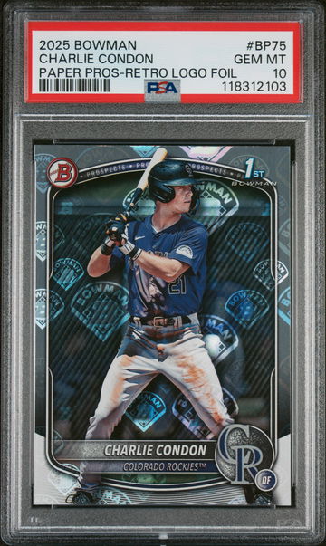2025 Bowman Paper Prospects Bowman Retro Logo Foil Pattern Charlie Condon #BP75 PSA 10