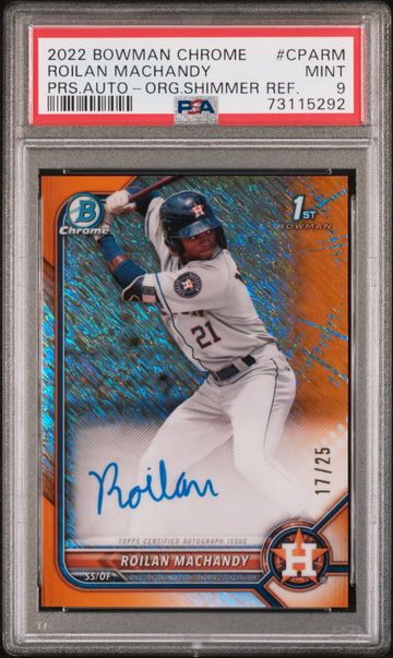 Roilan Machandy 2022 Bowman Chrome 1st Prospect Orange Shimmer Auto #/25 PSA 9