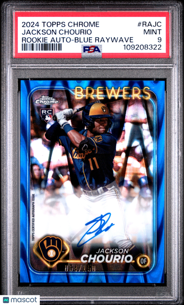 2024 Topps Chrome Rookie Autographs Jackson Chourio #RAJC Blue Raywave 054/150 PSA 9