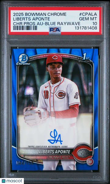2025 Bowman Chrome Prospect Autographs Liberts Aponte #CPALA Blue Raywave /150 PSA 10