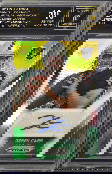 #ARDC Derek Carr Neon Green Yellow Prizm Autograph Autograde 10 50/50 BGS BAS 10