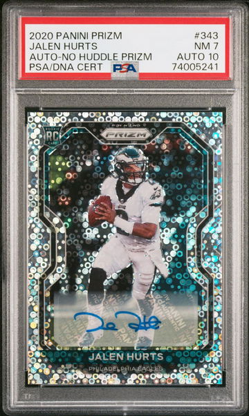 2020 Panini Prizm Jalen Hurts #343 AUTO-NO HUDDLE PRIZM PSA 7
