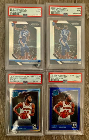 4 card Mitchell Robinson 2018-19 PSA 9 Rookie RC Lot - 2 Silver Prizm, 1 Optic Holo, 1 Optic Blue Velocity