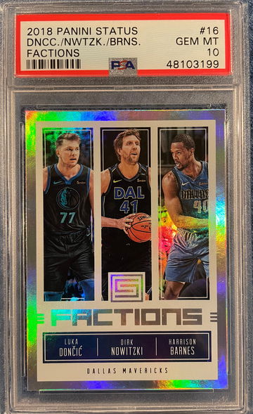 2018 Panini Status Factions Dirk Nowitzki/Harrison Barnes/Luka Doncic #16 PSA 10