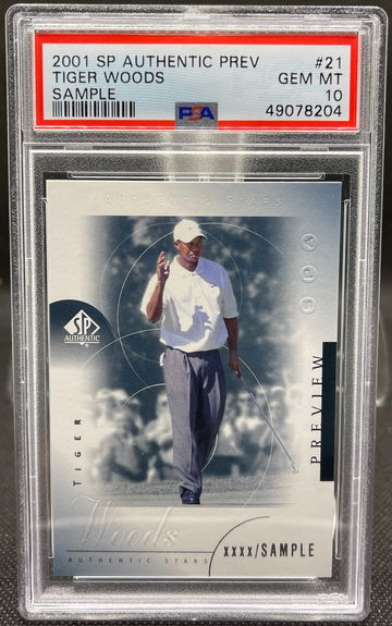 2001 SP Authentic Preview Sample Tiger Woods RC #21 PSA 10