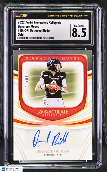 2022 Panini Immaculate Collegiate Desmond Ridder #SM-DRI Gold /10 Signature Moves CGC 8.5 Auto 10