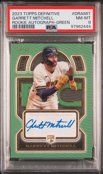 2023 Topps Definitive Collection Definitive Rookie Autographs Green Garrett Mitchell #DRAMIT /25 PSA 8