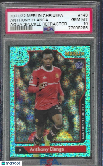 2021-2022 Topps Merlin Chrome UEFA League Anthony Elanga #143 Aqua Speckle Refractor PSA 10