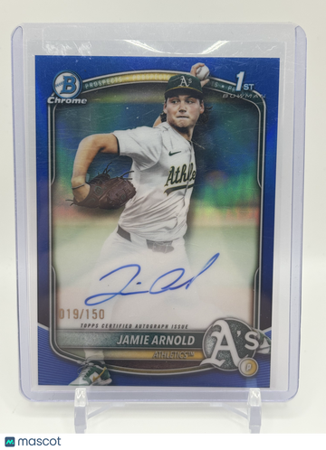 2025 Topps Bowman Chrome Jamie Arnold Autographed Blue Refractor /3 Trading Card Oakland Athletics MLB