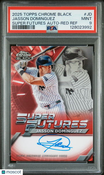 2025 Topps Chrome Black Super Futures Autographs Jasson Dominguez #JD Red Ref /5 PSA 9