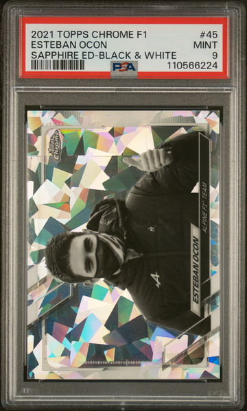 2021 Topps Chrome Formula 1 Sapphire Edition Black & White Esteban Ocon #45 /15 PSA 9