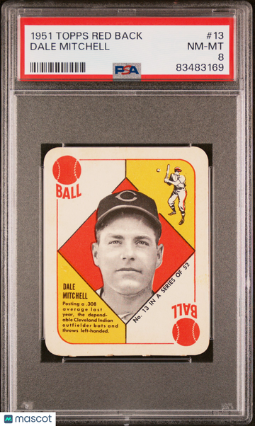 1951 Topps Red Back Dale Mitchell #13 PSA 8