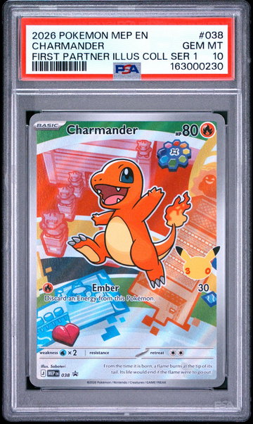 2026 Pokemon Black Star Mega Evolution First Partner Illustration Collection 30th Anniversary Charmander #038 PSA 10