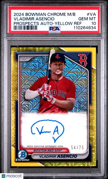 2024 Bowman Mega Box Chrome Bowman Prospect Mega Autographs Vladimir Asencio #VA Prospects Yellow Ref /75 PSA 10