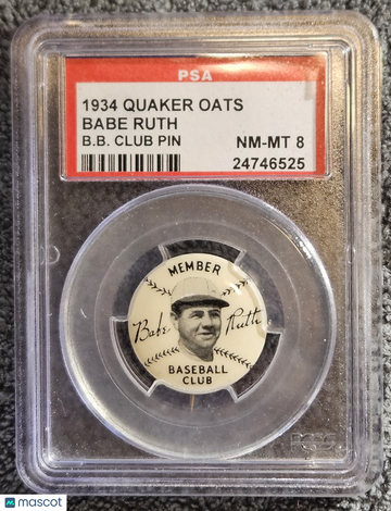 1934 Quaker Oats Baseball Club Pin Babe Ruth PSA 8