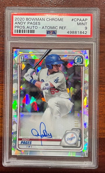 ANDY PAGES 2020 BOWMAN CHROME AUTO PSA 9 💥📈  1ST CHROME MINT DODGERS Atomic refractor #/100