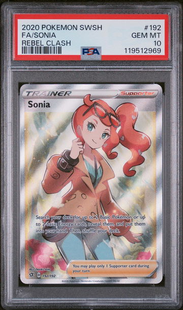 2020 Pokémon Sword & Shield Rebel Clash Full Art Trainer Sonia #192/192 PSA 10